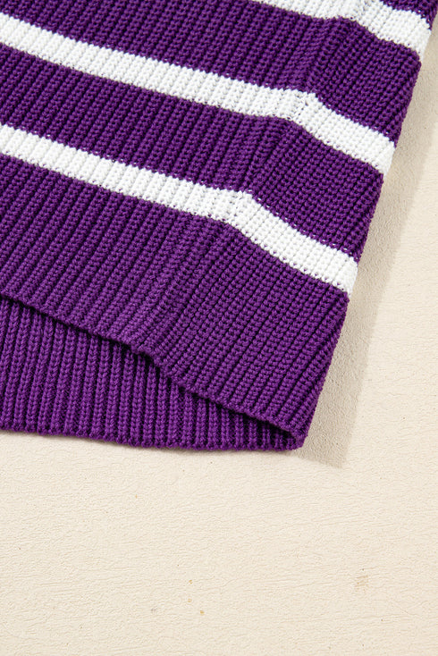 Striped Raw Edge Patch Pocket Drop Shoulder Short Sleeve Sweater